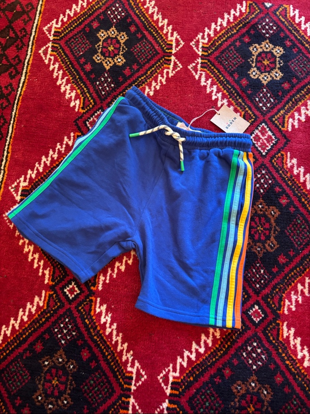 Mini Boden NWT Blue Drawstring Shorts with Multicolor Side Stripes Cotton